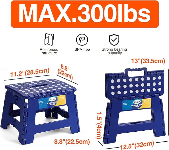 Korpai 9" Folding Step Stool for Adults and Kids Holds Up to 300 lbs,Non-Slip Folding Stools with Portable Handle, Compact Plastic Foldable Step Stool for Bathroom,Bedroom, Kitchen,Royal Blue,1PC