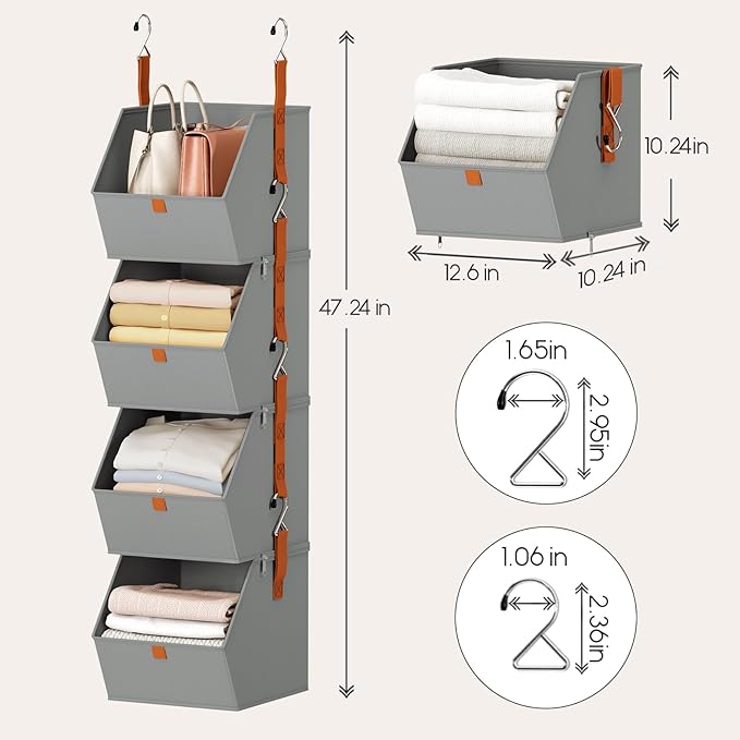 Homsorout Hanging Closet Organizer 4 Tier - Clothes Hanging Shelves, Space-Saving Closet System, Fabric Storage Bins Bedroom Organization, Collapsible Baskets for Home, Dorm, Rv, Grey, 2 Pack