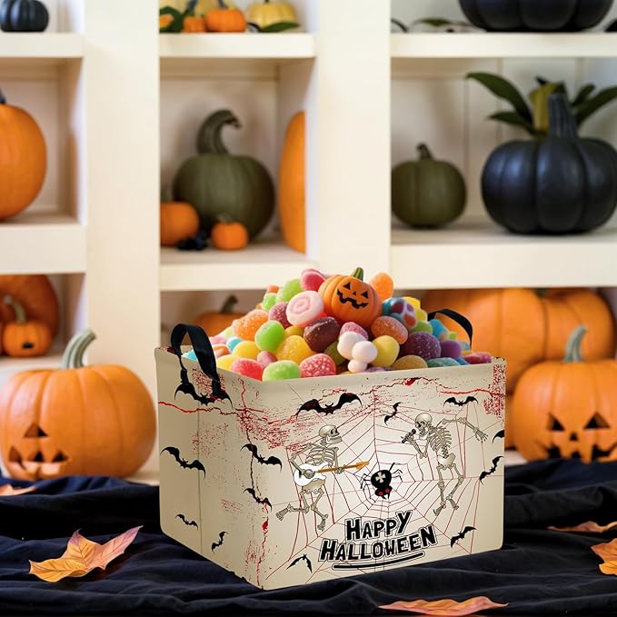ASKETAM Halloween Basket Gift Terror Ghost Parties Decor Kid Trick or Treat Basket for Boys and Girls Rectangular Storage Bin Box (Skeleton Bat)