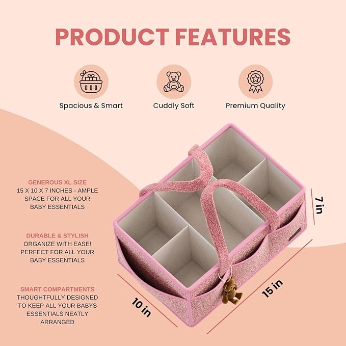 BREEZYBUBS Large Diaper Caddy Organizer with Dividers - Baby Basket for Nursery and Changing Table - Portable Storage with Strong Handles for Diapers, Wipes and Newborn Essentials