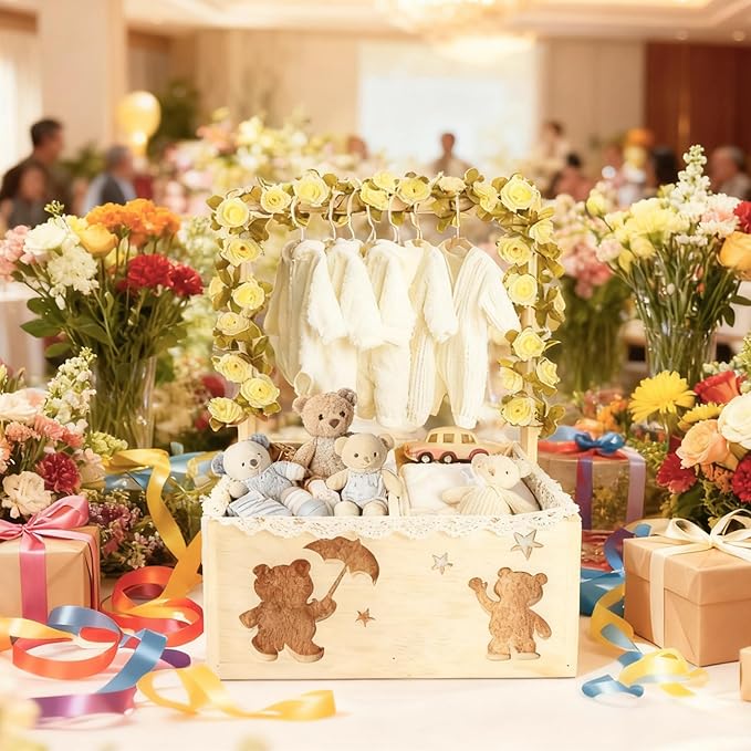 Wooden Baby Shower Crate Closet with Hanger Rack, Baby Shower Basket, 6 Baby Hangers, Removable Divider Board, Greenery Garland, Tools, Nursery Storage Organizer, Boys & Girls