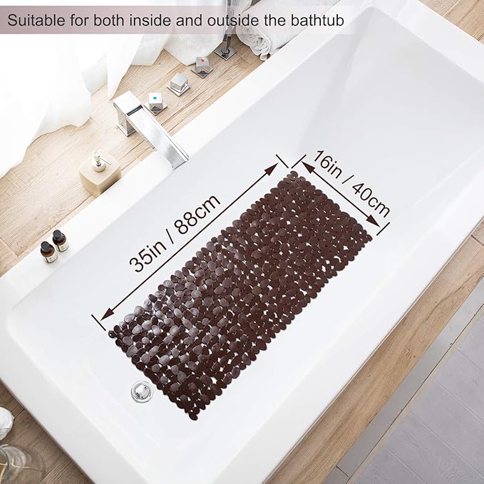 Bath Tub and Shower Mats, Non-Slip Pebble 35 x 16 Inches Machine Washable Bathtub Mat with Drain Holes, Suction Cups for Bathroom (Brown)