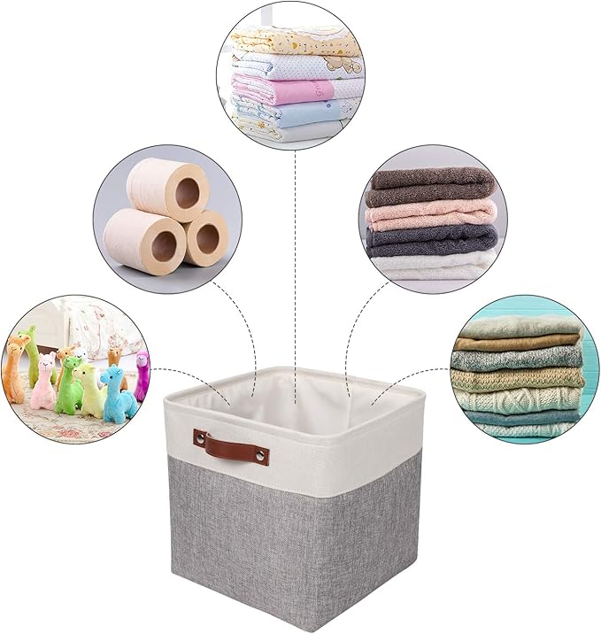 Univivi 13x13x13 Storage Cube Bins with Handles,Fabric Storage Cubes with Hard Bottom Organizer Baskets for Closet,Foldable,Gray