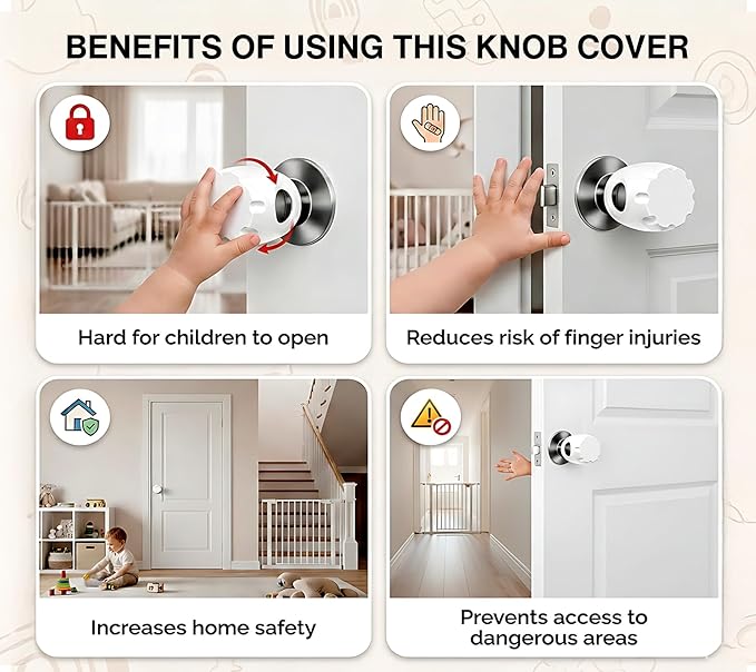 Child Proof Door Knob Covers (4 Pack), Dual-Lock Baby Safety Locks for Toddlers, Easy Install, Durable & Non-Toxic, Fits Standard Round Knobs