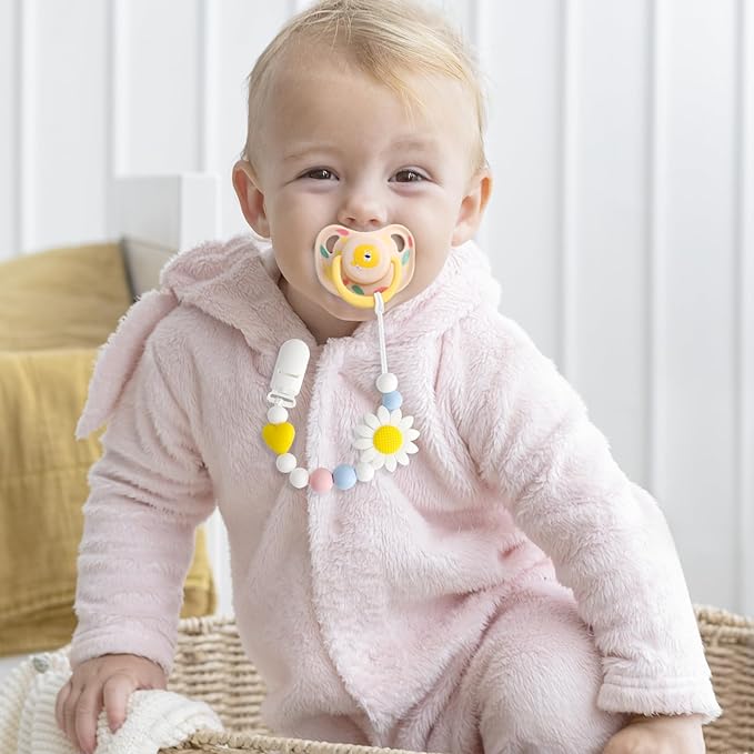 Silicone Pacifier Clip, 2 Pack Pacifier Holder for Boys and Girls, Adorable Sunflower Pacifier Clips Fits for Most Pacifier, Baby Teethers, Baby Shower and Baby Gift(White&Yellow)