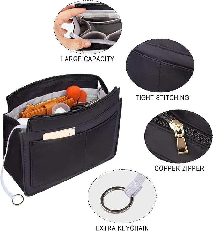 Vercord Purse Organizer Insert with Zipper for Women Hobo Handbags Shaper Insert 12 Pockets Bag Black Large