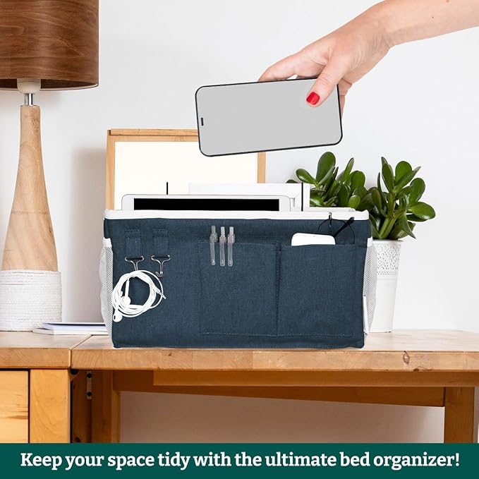 Bedside Caddy Organizer Hanging Storage Bag with Pockets for Books, Magazines, Phone, Tablet & Water Bottle – Bedside Storage for Dorm, Bunk Beds, Hospital Beds & Cribs,Blue