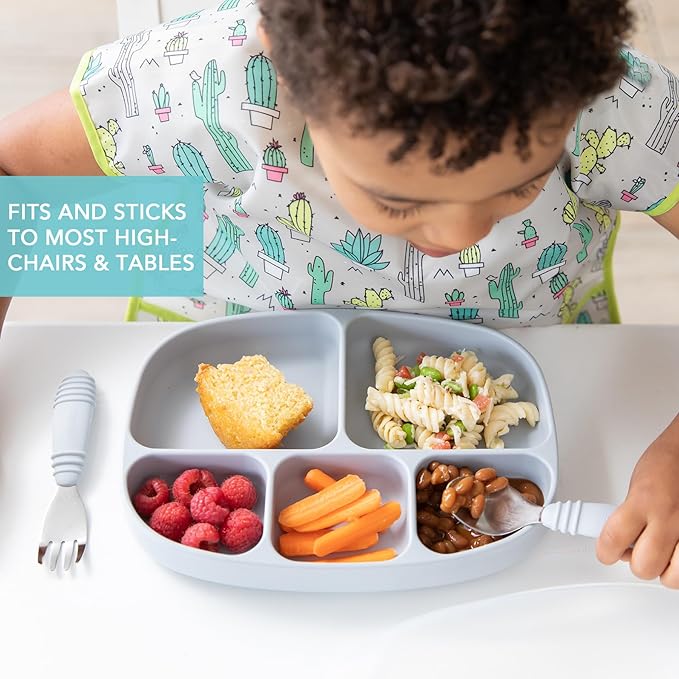 Bumkins Toddler and Baby Suction Plate, Silicone Divided Grip Dish and Lid, Large 5-Section Tray for Kids, Essentials in Children Feeding Supplies, Non Skid Stick Bottom, for Ages 6 Months Up, Gray