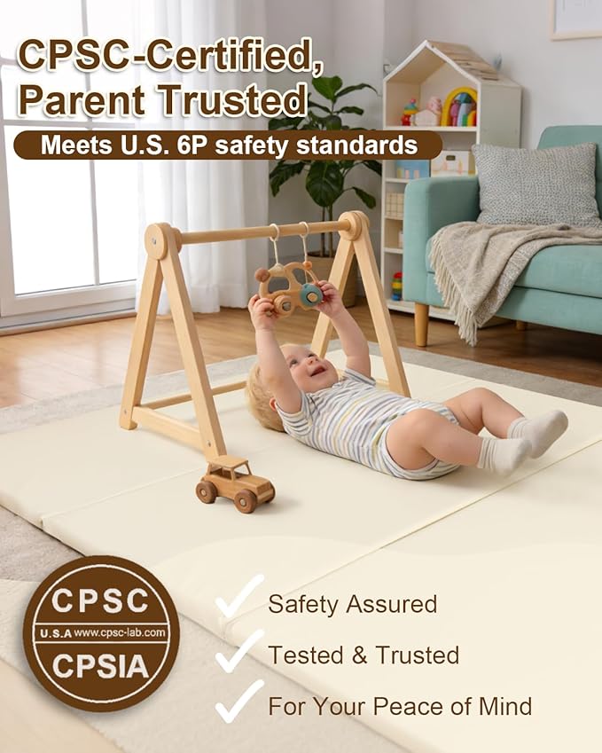 SEPARO Thick Trifold Baby Play Mat,Soft Vegan Leather 47x47 Play Mat for Playpen,Foldable Tummy Time Foam Floor Mats,Waterproof & Wipe-Clean for Toddler,Kids & Infants Playroom,Beige