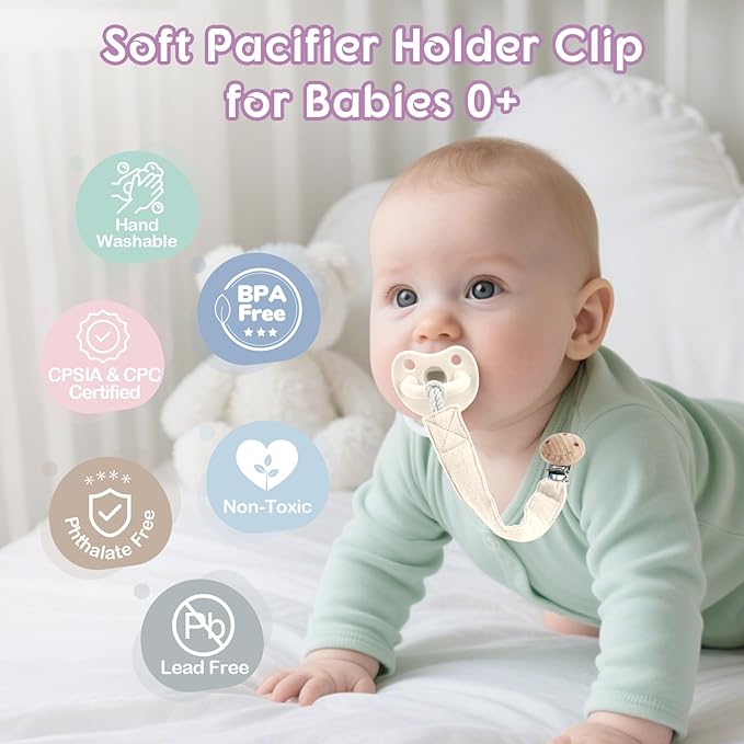 TYRY.HU Ribbon Baby Pacifier Clip Holder, 2 Pack Binky Paci Holder Clips, Pacifier Leash, Universal Binky Leash, Creamy White & Purple