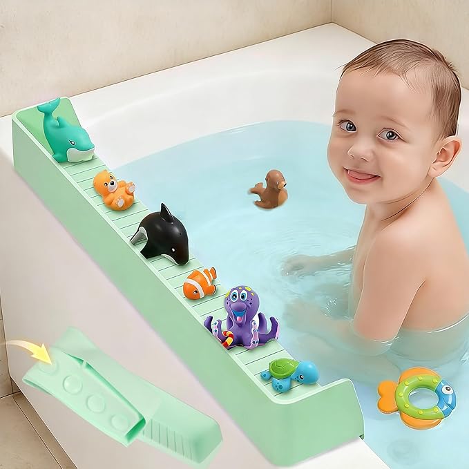 Splash Guard for Bathtub Kids - Silicone Bathtub Splash Guard with 11 Suction Cups, Bath Tub Play Shelf for Kids & Toy Holder, Prevent Water Spill in Bathroom, Fun Bath Time for Toddlers Baby(Green)