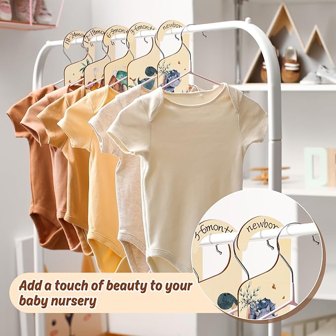 Whaline 8Pcs Baby Closet Size Dividers Dinosaur Theme Design Hanging Wooden Baby Closet Organizer Newborn to 24 Months Thicken Baby Wardrobe Organizer for Home Nursery Baby Clothes Decor