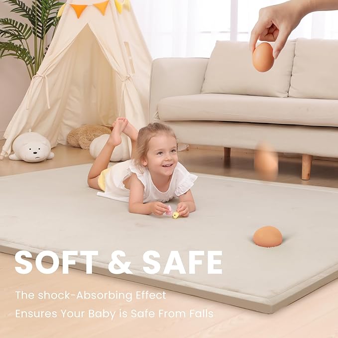 Baby Play Mat for Floor,1.3" Thick Elasti Foam Tummy Time Mat,79"×158“ Extra Large Soft Coral Velvet Nursery Rug,Non Slip Safe for Crawling,Toddlers,Infants,kids,Tatami Style for Living Room,Classroom,Playroom(Beige)