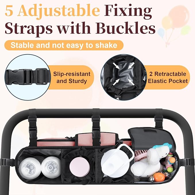 Double Stroller Organizer Compatible with Bob Duallie and Baby Jogger City Mini GT2, Double Baby Stroller Accessories with Cooler Bag, Parent Console Double Jogging Stroller Caddy, Pink