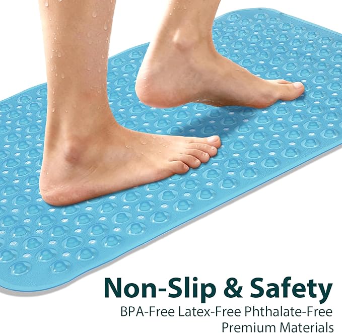 Large Shower Mat 21.5x33.5 Inch Clear Blue, Soft Non Slip Shower Mats for Inside Shower with Big Suction Cups Drain Holes, Extra Large Bath Bathtub Mat Floor Stall Mats, BPA-Free, Easy Clean