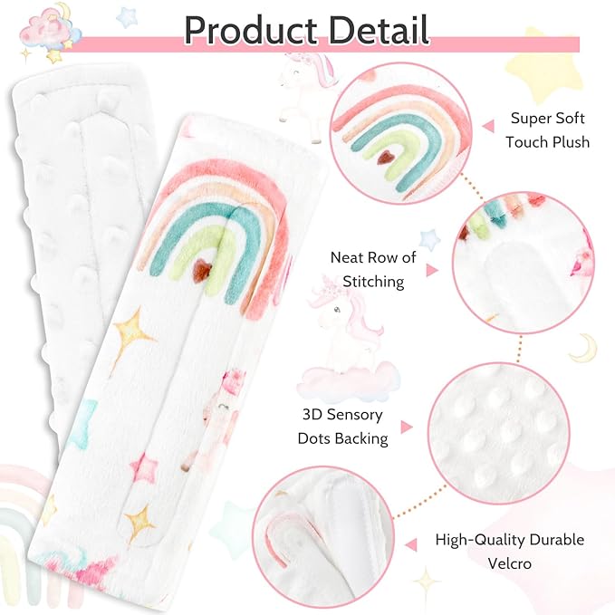 Baby Car Seat Strap Cover 2 Pack Unicorn Car Seat Straps Shoulder Pads, Seat Belt Cushions Pads for Infant Car Seats, Stroller, Pushchair