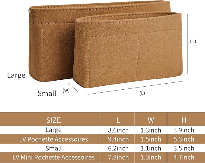 Vercord Felt Purse Organizer Insert Pochette Handbag Insert Bag in Bag for Multi Pochette Accessories Add Zipper Pocket Brown