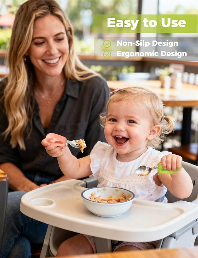 Toddler Utensils, Stainless Steel Baby Forks and Spoons Set with Silicone Handle, Kids Silverware with Portable Storage Case, Baby Feeding Essentials, Dishwasher Safe (Green+Pink)