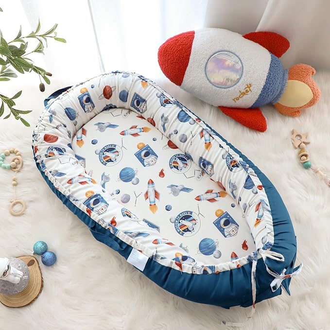 Jundetye Baby Lounger Cover for Boys Girls, Reversible Baby Nest Cover, Adjustable Baby Lounger Replaceable Cover for Infant Newborn, Portable and Machine Washable, Cotton Blue Rocket Cover Only