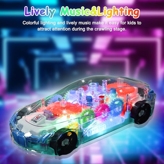 ZHFUYS Light Up Transparent Car Toy for Kids, Sensory Toys for Kid, Toy Car with Colorful Moving Gears, Fun Educational Toy for Kids, Birthday Gifts Idea for Boys Girls