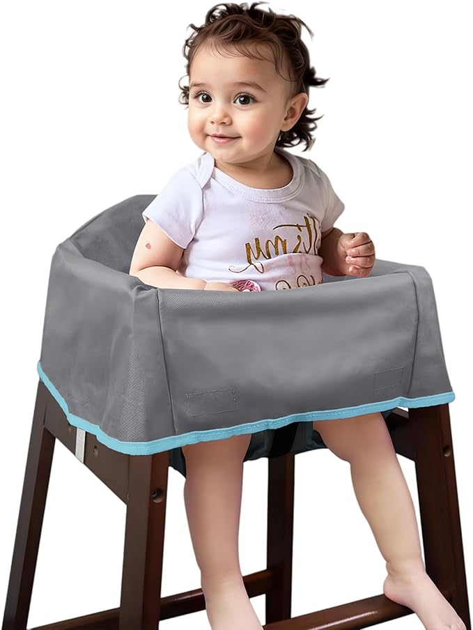 SANQOUYTT Reusable Waterproof High Chair Cover,for Wooden or Restaurant High Chair, Protect Against Messy Meals and Dirty,Dual-Belt Baby High Chair Cover,Waterproof and Washable,Gray