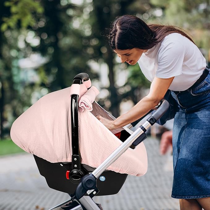 Hooyax Muslin Car Seat Cover Baby - Breathable and Privacy Car Seat Canopy with 3 Modes - Easy Install & Gift Box Packaging, Universal Fit for Infant Car Seats, Pink