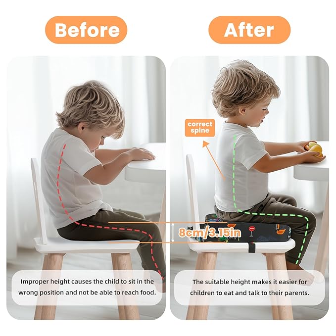 Toddler Booster Seat for Dining Table, 4" Kids Booster Seat for Kitchen Chair with Non-Slip Bottom, Portable Detachable Washable Increasing Cushion with 2 Adjustable Straps (Excavator)