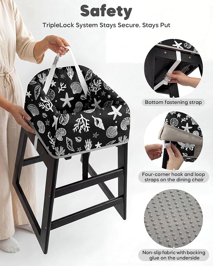 Mamatepe Reusable Baby High Chair Cover with Strap Pads & 2-Point Harness, Waterproof Portable Seat Cover for Restaurant Travel Home, Black