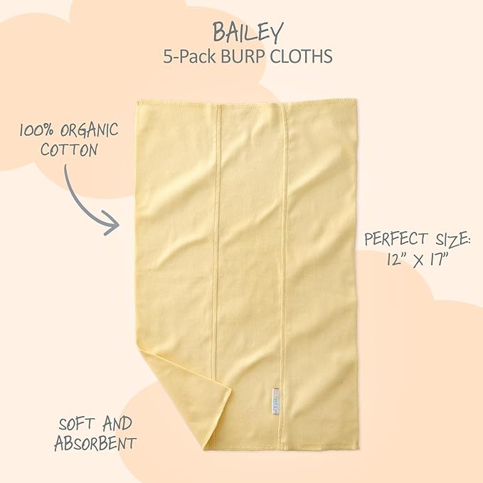 Butterblu Bailey 5-Pack Burp Cloths 100% Organic Cotton Knit for Newborn & Baby Boys & Girls, Sunny, One Size