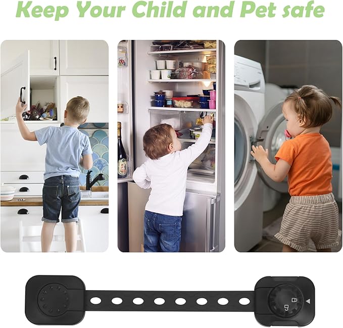 Songaa Child Safety Cabinets Strap Locks 2 Pack - Adjustable Baby Proofing Cabinet Latches for Drawers, Oven, Dishwasher, Fridge, Toilet Seat, Trash Can, with 3M Adhesive Pads - Black