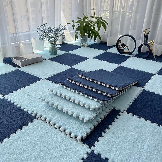 12pcs Carpet Squares Puzzle Floor Mat, Plush Interlocking Carpet Tiles, Anti Slip EVA Foam Jigsaw Floor Tiles, Build A Safe Area for Bedroom Playroom (Blue+Nazy)