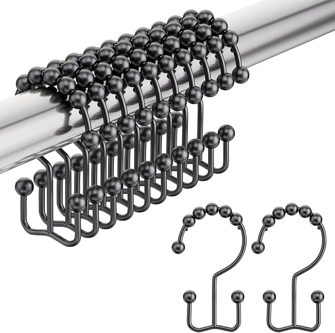 Amazer Black Shower Curtain Hooks, Shower Curtain Hooks Rust Proof 12 Pcs Stainless Steel Shower Hooks for Shower Curtain, Double Shower Curtain Hooks for Bathroom Shower Rods Curtain