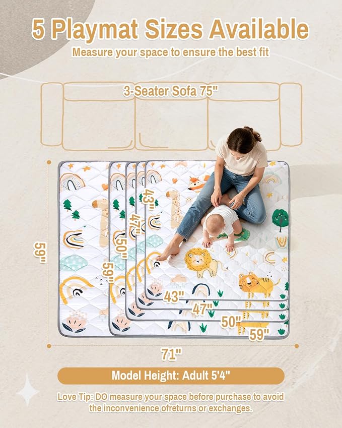 Baby Play Mat, 71x59 Thickened Playpen Mat, Non-Slip Baby Mat for Floor, Foldable Portable Playmat Suitable for Babies Learning to Crawl and for Travel