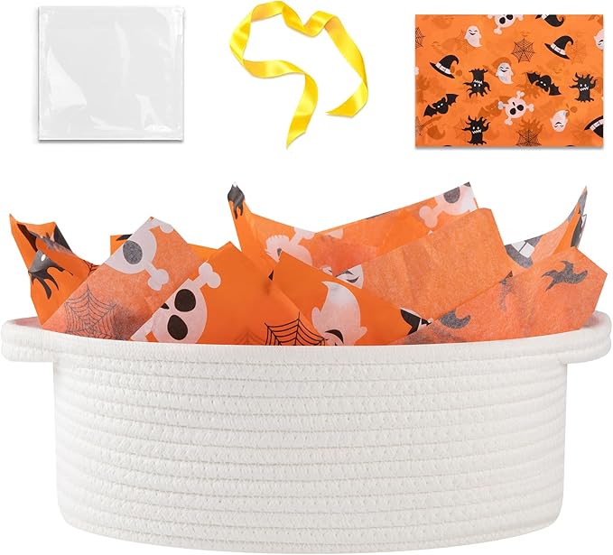 OIAHOMY Halloween Basket with Handle, Small Woven Gift Basket with Gift Bag, Ribbon and Wrap Tissue Paper, Nursery Bins Empty to Fill with Small Items, Baby, Pet Toy Organizer - White & Orange