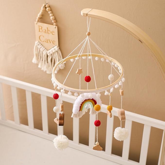 Baby Crib Mobile for Boys Girls Rainbow Nursery Mobile Gender Neutral Hand-Crocheted Mobile Ceiling Mobile - Rainbow, Clouds, Moon
