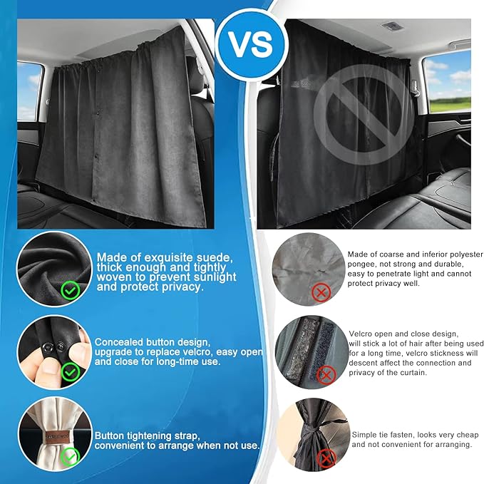 Car Divider Privacy Curtain, Blackout Suede Sun Shade Cover Front & Rear Seat Partition Space Divider Auto Van Truck Interior Accessories for Family Travel Camping Baby Sleeping (Black, Large)
