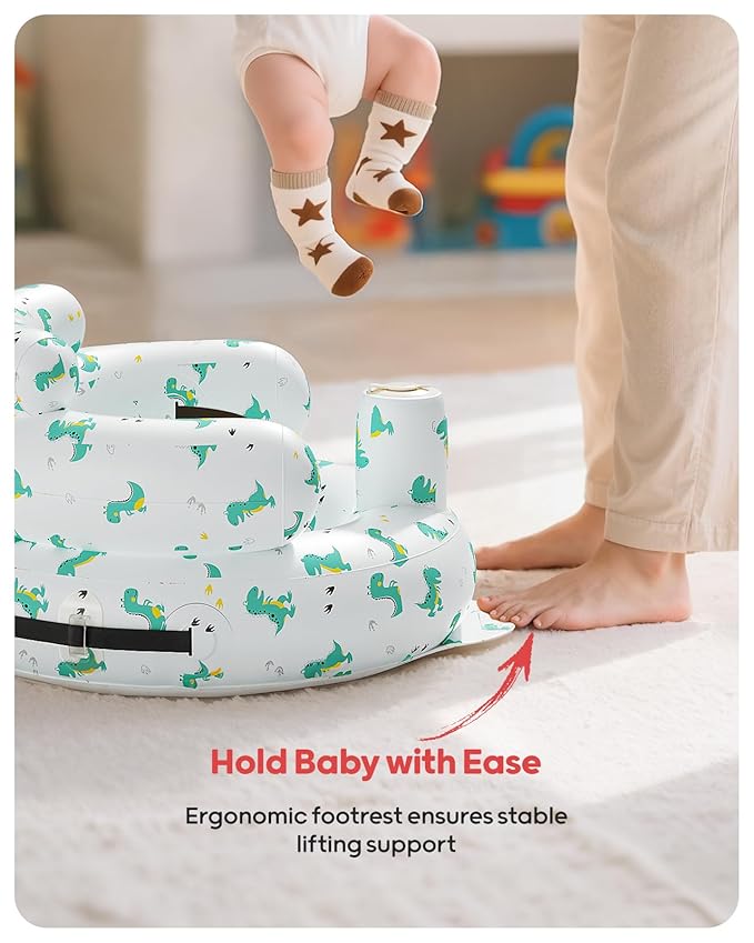 QPAU Inflatable Baby Seat with Safety Harness for Babies 3 Months & Up, Baby Floor Seats for Sitting Up, Baby Seats for Infants, Blow Up Baby Chair with Built in Air Pump (Green Dinosaur Pattern)