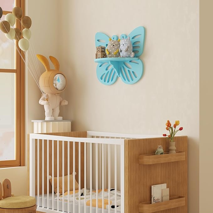 Butterfly Shaped Nursery Wall Deor Floating Shelf, Small Decorative Shelf Wall Mounted, Cute Wall Display Rack for Kid’s Room, Hanging Wall Shelf for Toys, Plants and Decorations Storage,Light Blue