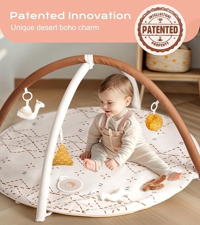 Tummy Time Activity Mat, Macrame Baby Play Gym Mat with 6 Detachable Toys and 12 Milestone Cards for Stage-Based Sensory and Motor Skill Development, Washable Play Mats for Infant, Non Slip Play Mat