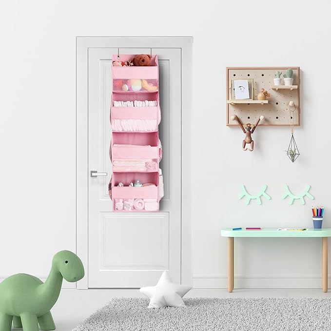 GRANNY SAYS Over The Door Organizer, 4-Shelf Behind The Door Storage with 6 Pockets, Waterproof 300D Oxford Fabric Hanging Organizer, Anti Tilt 35lb Load Shelf for Nursery, Kids Room, Bedroom, Pink
