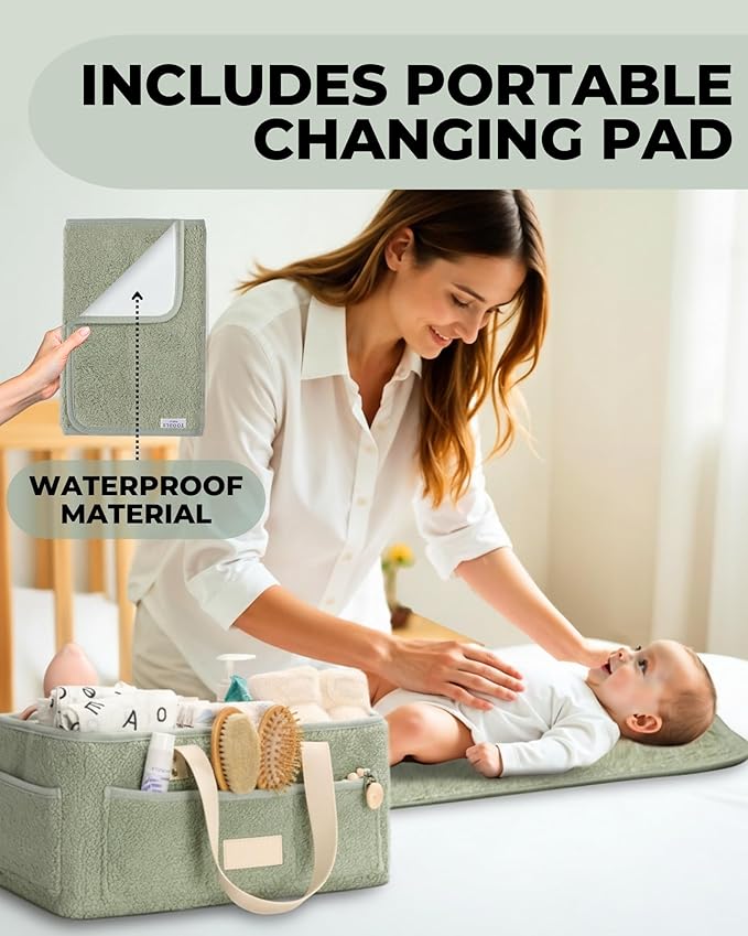 Toodly Baby Diaper Caddy Organizer with Portable Changing Mat - Teddy Fleece Diaper Organizer for Changing Table - Basket for Changing Essentials - Baby Essentials Organizer with Removable Dividers