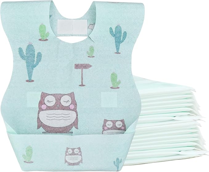 Baby Disposable Bibs Travel Feeding Bib 25pcs - Leakproof Liner, Food Catcher Pocket for 6-18 Months Babies Toddlers