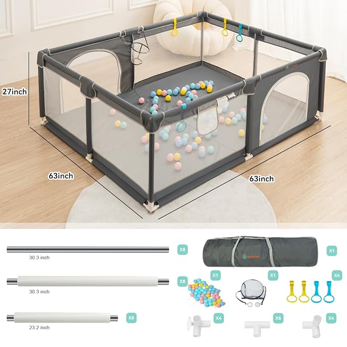 COMOMY Playpens for Babies and Toddlers, 63"x63" Baby Playard Extra Large, Safe and Non-Slip Baby Fence, Full Mesh Design, Indoor & Outdoor Kids Activity Center, Play Pens (Dark Grey)