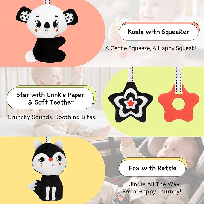 FPVERA Car Seat Toys for Babies 0-6 Months: Travel Baby Toy for Soft Hanging Toys for Carseat, Spiral Plush High Contrast Black and White Toy for Infant Boys Girls