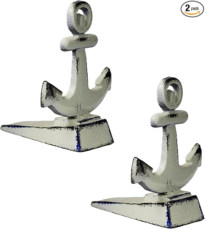 2 PCS Door Stoppers for Bottom of Door Cast Iron Decorative Door Stop Wedge Metal Doorstops (Nautical Anchor Shape, Antique White)