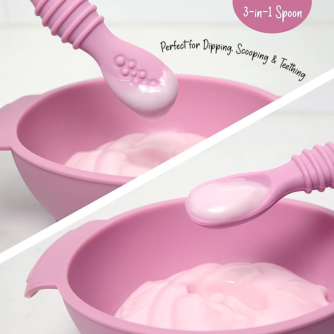 PrimaStella Silicone Baby & Toddler Suction Plate and Spoon Feeding Set - Plum