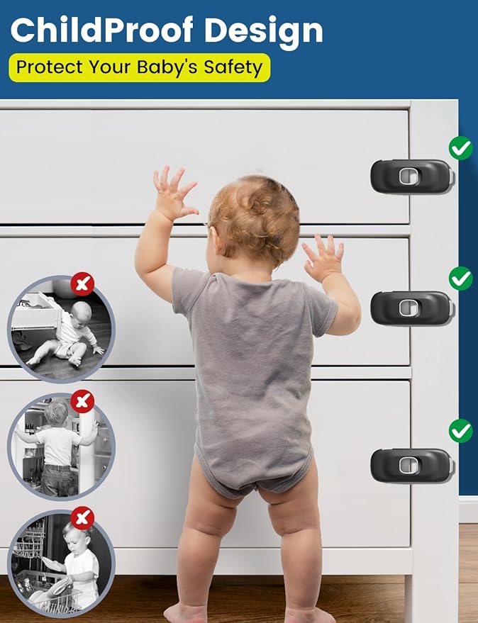 Cabinet Fridge Locks Baby Proofing, 6 Pack Child Proof Cabinet Refrigerator Locks, Baby Child Safety Frigerator Locks for Cabinets, with Strong Adhesive Pad for Draw Kitchen Oven (Black, 6 Pack)