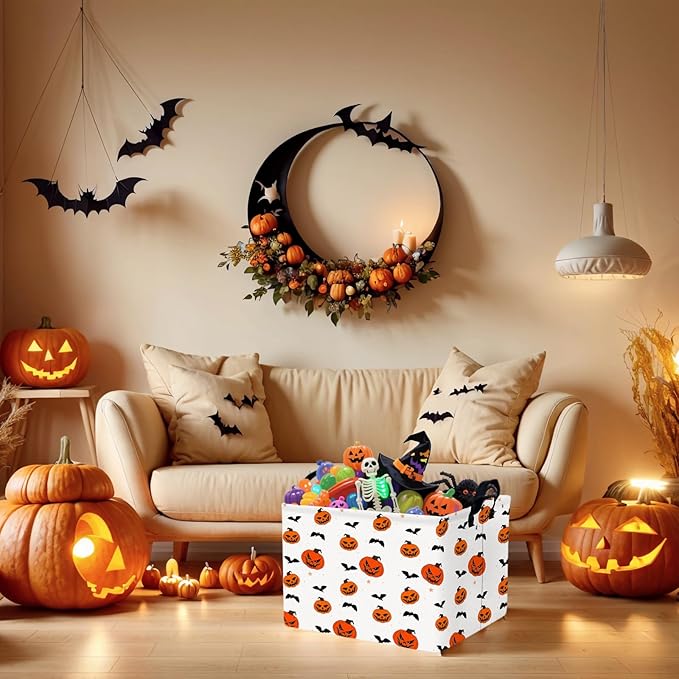 ASKETAM Large Halloween Basket Gift Personality Pumpkin Ghost Parties Decor Kid Trick or Treat Basket for Boys and Girls Rectangular Storage Bin Box (Pumpkin Bat)
