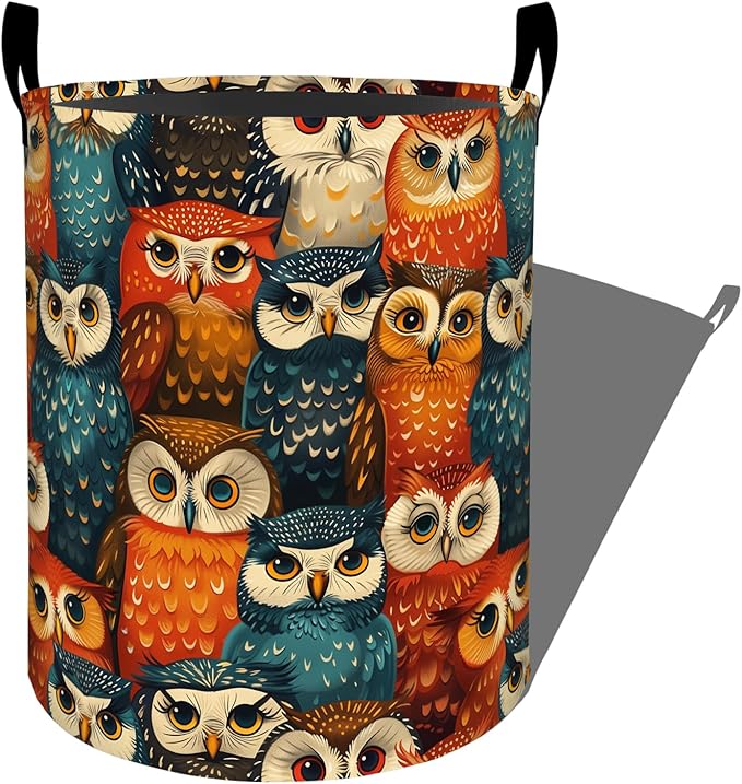 Colorful Owls with Big Eyes Laundry Basket with Handles, 19.7"x15.7" Clothes Foldable Laundry Hamper Organizer for Dorm Nursery Bedroom Bathroom Decor, Toy Storage Bin for Kids