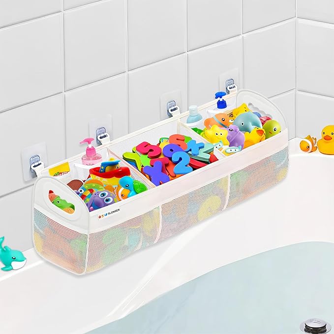 Bath Toy Holder 3 Compartment, Bath Toy Storage, Large Bathtub Toys Holder Organizer for Tub, Quick Dry Bathroom Mesh Net Bag with 6 Heavy Duty Adhesive Wall Hooks